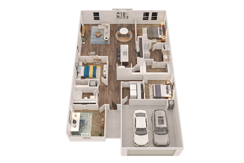 A floor plan of a house with a garage and a swimming pool.